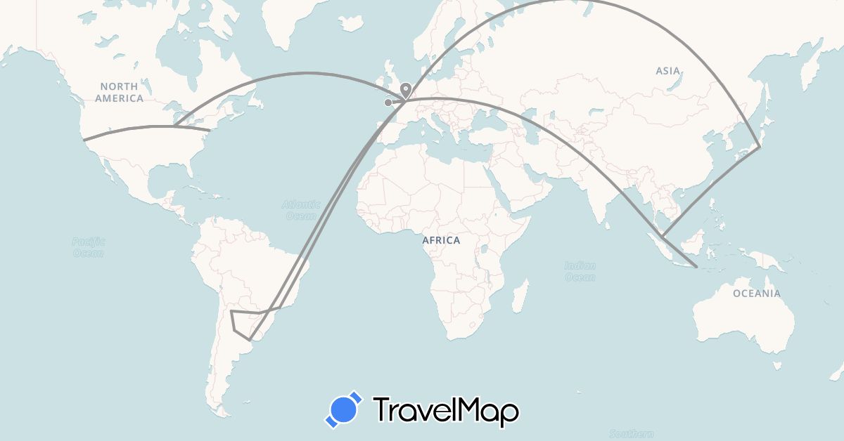 TravelMap itinerary: driving, plane in Argentina, Brazil, France, Indonesia, Japan, Malaysia, United States (Asia, Europe, North America, South America)